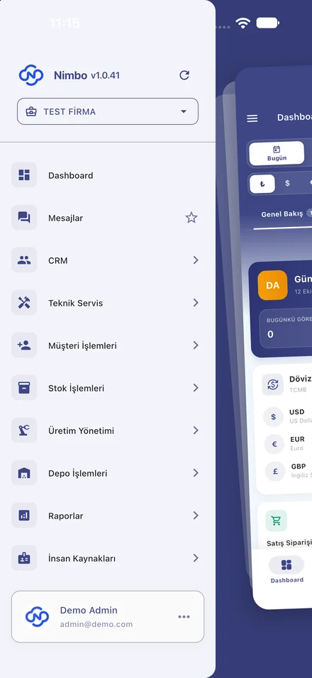 NimboX mobil uygulaması — modül menüsü